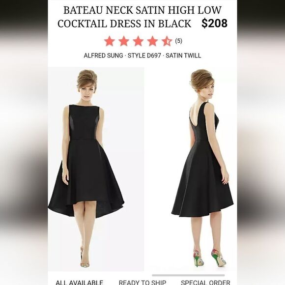 NWT Alfred Sung Bateau Neck Satin High Low Cocktail Dress in Black Size 16 - Picture 14 of 14